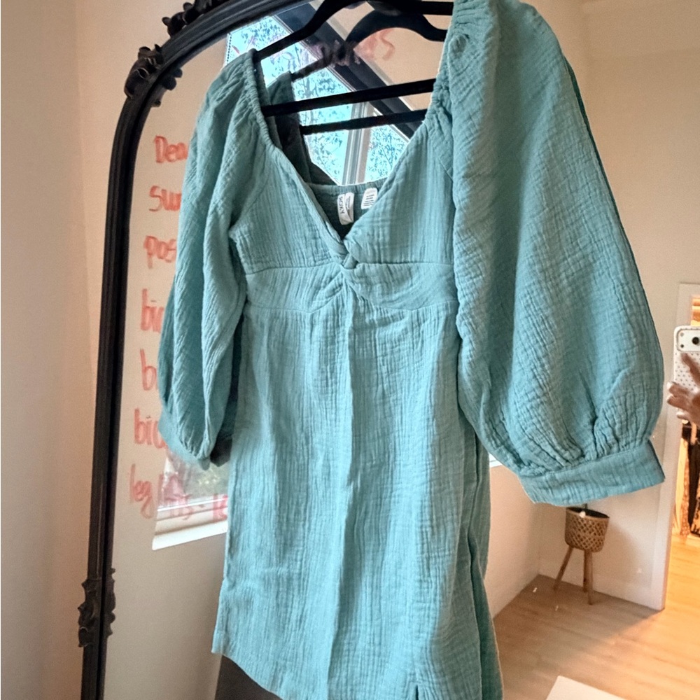 Roxy Teal Puff-Sleeve Cotton Mini Dress